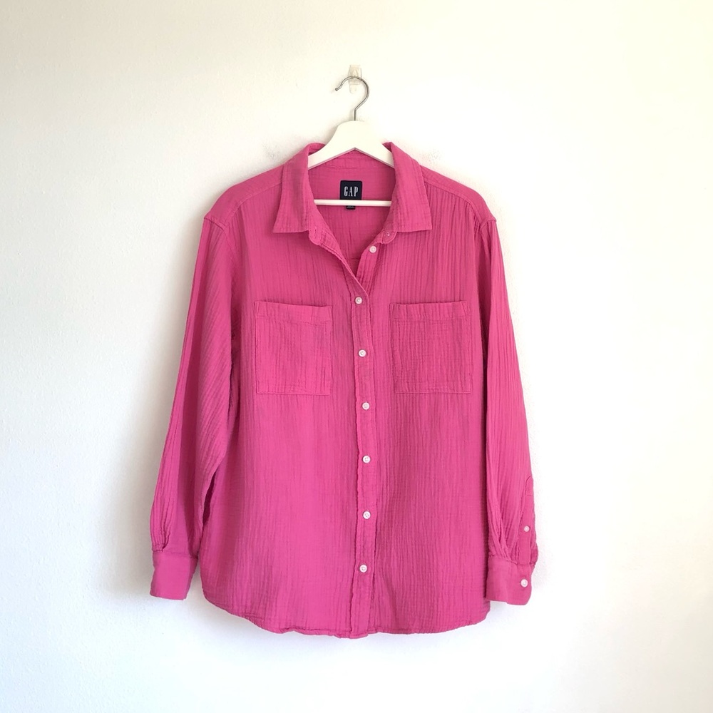 Gap Hot Pink Cotton Gauze Oversized Button Up Shirt Top Size Large Coastal Beach